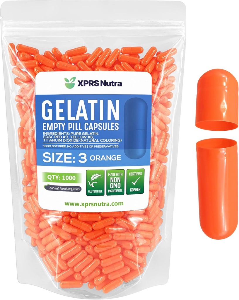 XPRS Nutra Maat 3 Lege capsules - 1000 Telle Lege Gelatine Capsules - Pillen DIY Capsule vullen - Pure Bovine Pill Gel Caps Vulbaar voor Do-It-Yourself Vitaminen en Supplementen (Orange)