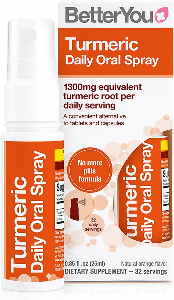 BetterYou Kurkuma Oral Spray - Natural Liquid Turmeric Supplement - een eenvoudige, comfortabele pil alternatief - natuurlijke oranje smaak - 0,85 oz