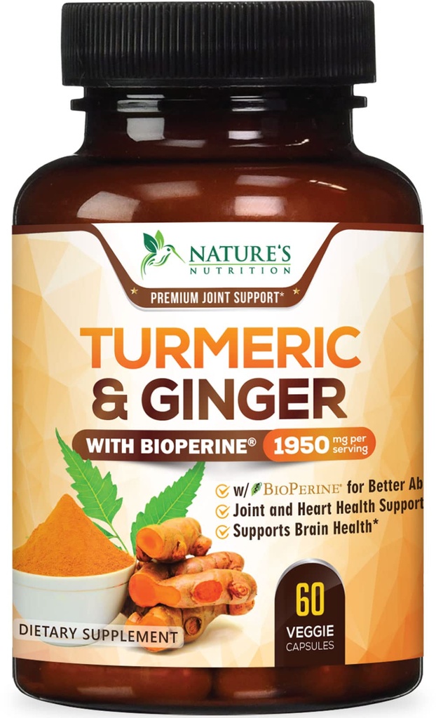Kurkuma Curcumin Supplement 1950mg - 95% Curcuminoïden met Biologische Kurkuma & Gember, BioPerine Black Pepper voor Beste Absorptie, Nature's Vegan Joint Support, Non-GMO, Gebotteld in USA - 60 Capsules