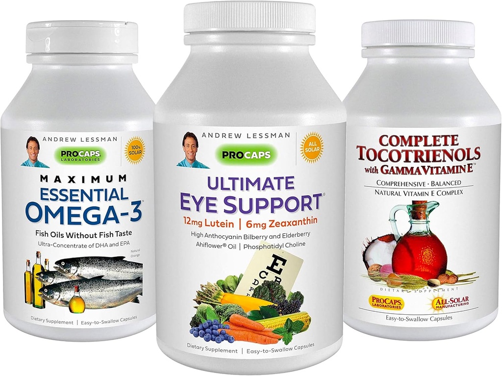 ANDREW LESSMAN 3 Product Eye Health Bundle - 360 Softgels Elk van Ultimate Eye Support, Maximale Essentiële Omega-3 en Complete Tocotrienolen. Promoot en ondersteunt Eye Health.