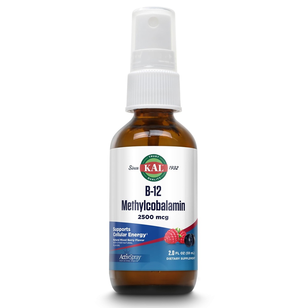 KAL Vitamine B12 Methylcobalamine ActivSpray 2500mcg, gezonde energie, Metabolisme, zenuw- en rodebloedcelondersteuning,* Fast-Active Liquid B12, maximale absorptie, natuurlijke Berry smaak, 80 Servings, 2 floz