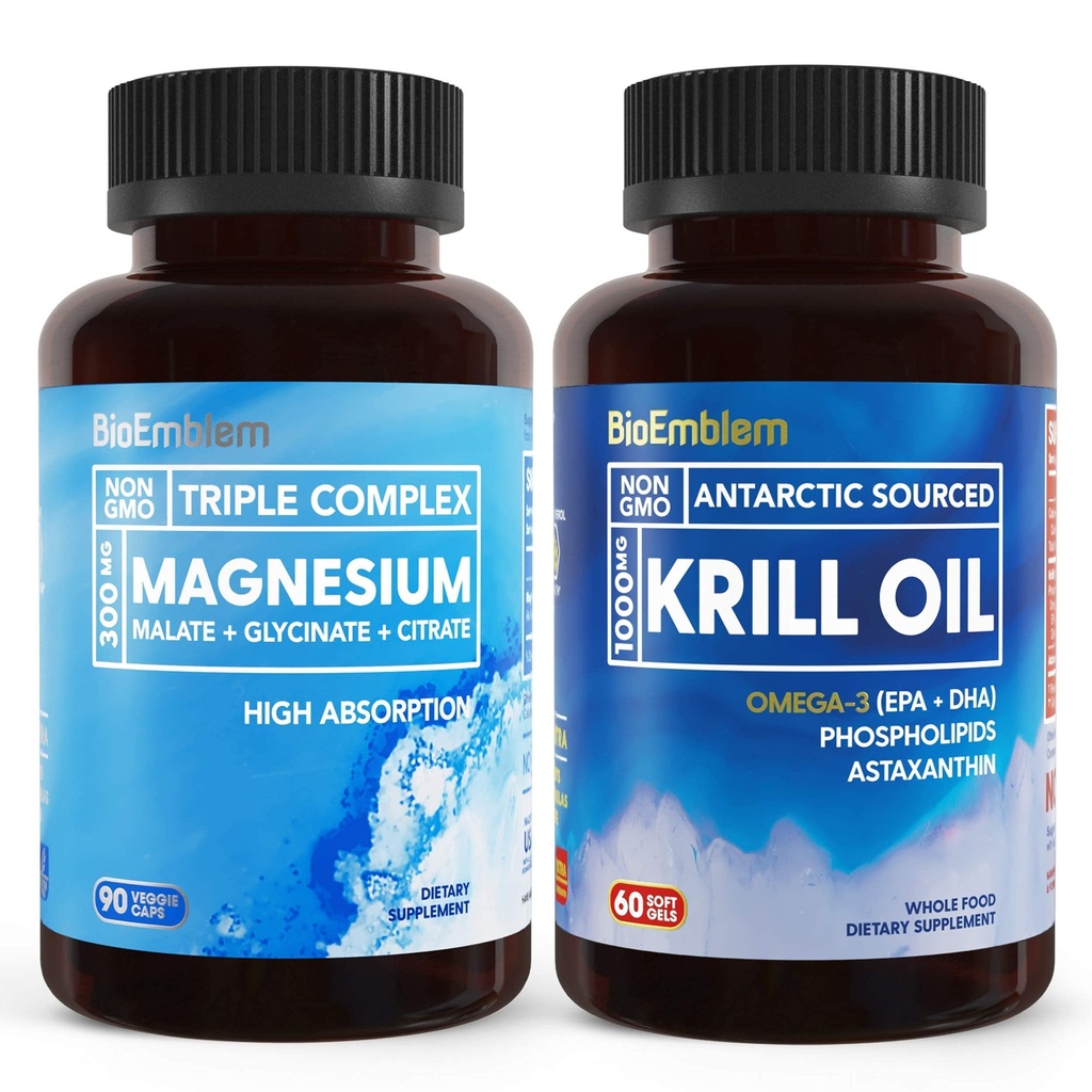BioEmblem Triple Magnesium Complex en Antarctische Krill Olie, Ondersteunt Slaap en Hersen Gezondheid, Hart en Gezamenlijke Gezondheid, Bevordert Cardiovasculaire Gezondheid, en Ondersteunt Ontspanning