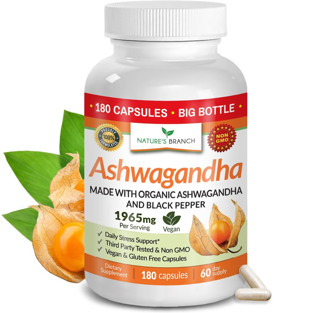 UDAF geverifieerde biologische Ashwagandha met zwarte peper - 180 capsules - 1965mg Extra sterkte voor stress, slaap, Mood, schildklier, Focus, haar, Vegan Pure Root Extract Powder - Mannen en vrouwen supplementen