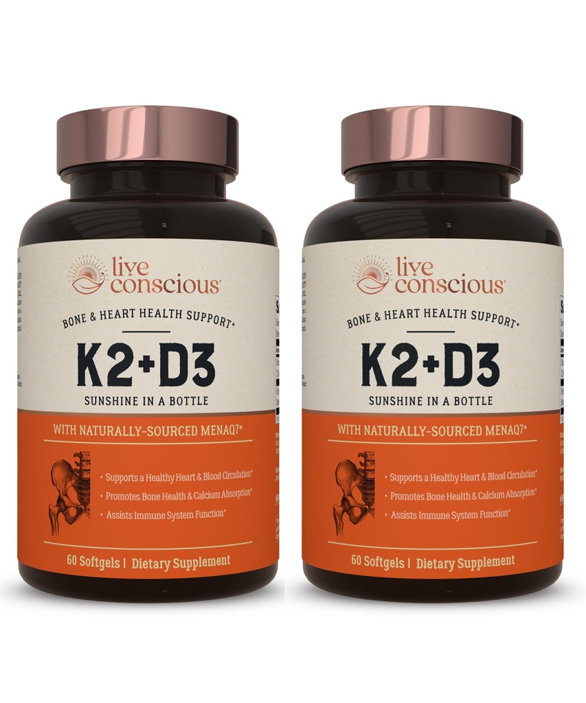Live Conscious Vitamin K2 MK7 with D3 Supplement | Bone & Heart Health Support - Patented Vitamin K & Vitamin D3 5000 IU (2-Pack)