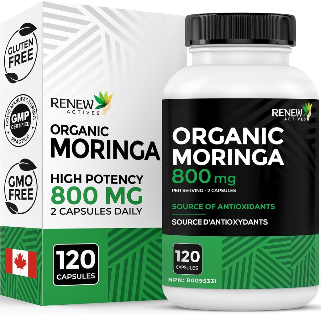 Renew Actives Moringa Leaf Supplement 800MG per 2 capsules- Antioxidant-Rich Moringa Oleifera - Promoot goede gezondheid en welzijn - Gemakkelijk doorslikken - Made in Canada - 120 capsules