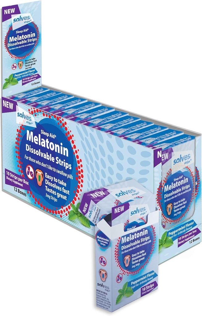 Solves Slaaphulp - 3mg Melatonine Los Strips, Snelle, Diepe en Rustige Slaapoplossing, Pepermuntsmaak, Volwassenen, Suikervrij/Drugvrij/Reisvrij (120 Pack)