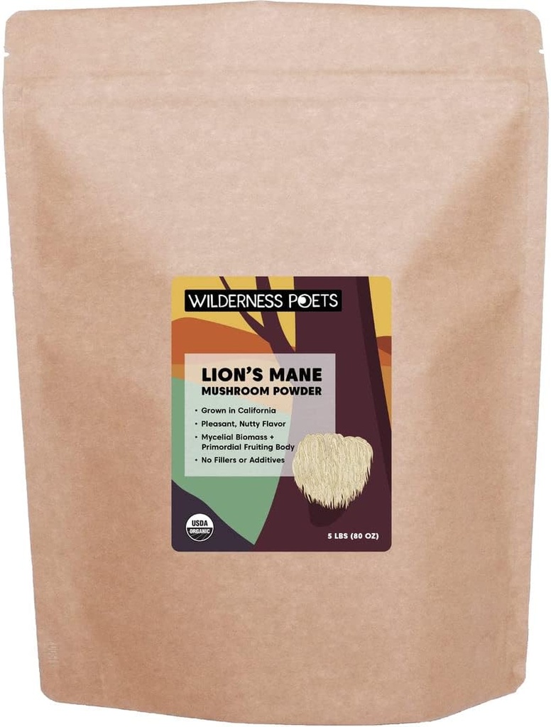 Wilderness Poets Organic Lion's Mane Mushroom Powder - California Grown (80 Ounce - 5 Pond)