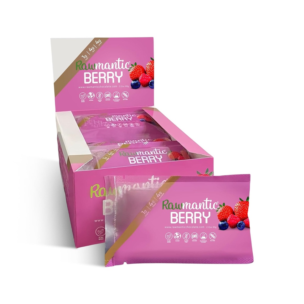 Rawmantic Chocolate Berry Vegan Energy Bars - 2.1 Oz (pakket van 12) - Chocolate Snack Bars - Dairy, Nut en Gluten Free Mixed Berry Bar - Perfect voor Vegan Diets - Niet-GMO gemengde Berry Chocolate Energy Bars