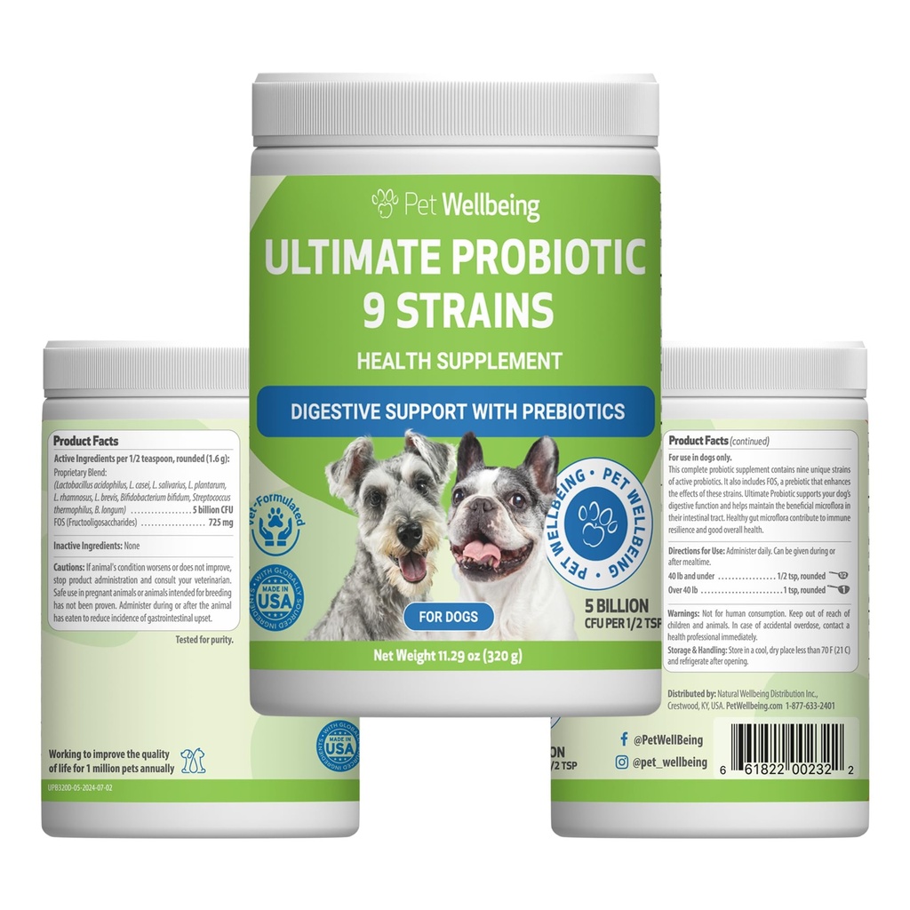 Pet Wellbeing Ultimate Probiotic 9 Strains for Dogs & Cats - Supports The Gut Microbiome and Digestie, Immuun System Care, Urinary Tract Health, FOS, 2,5 miljard CFU - 11,29 oz (320 g) Poeder