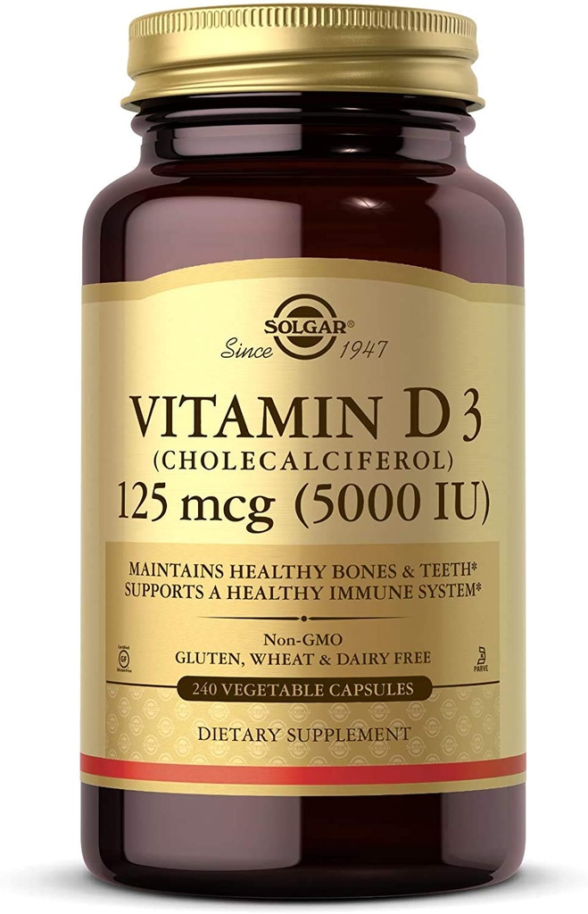 Solgar Vitamine D3 (Cholecalciferol) 125 mcg (5000 IE), 240 plantaardige capsules - helpt gezonde botten en tanden - Immuunsysteemondersteuning - Non-GMO, Glutenvrij - 240 total servings