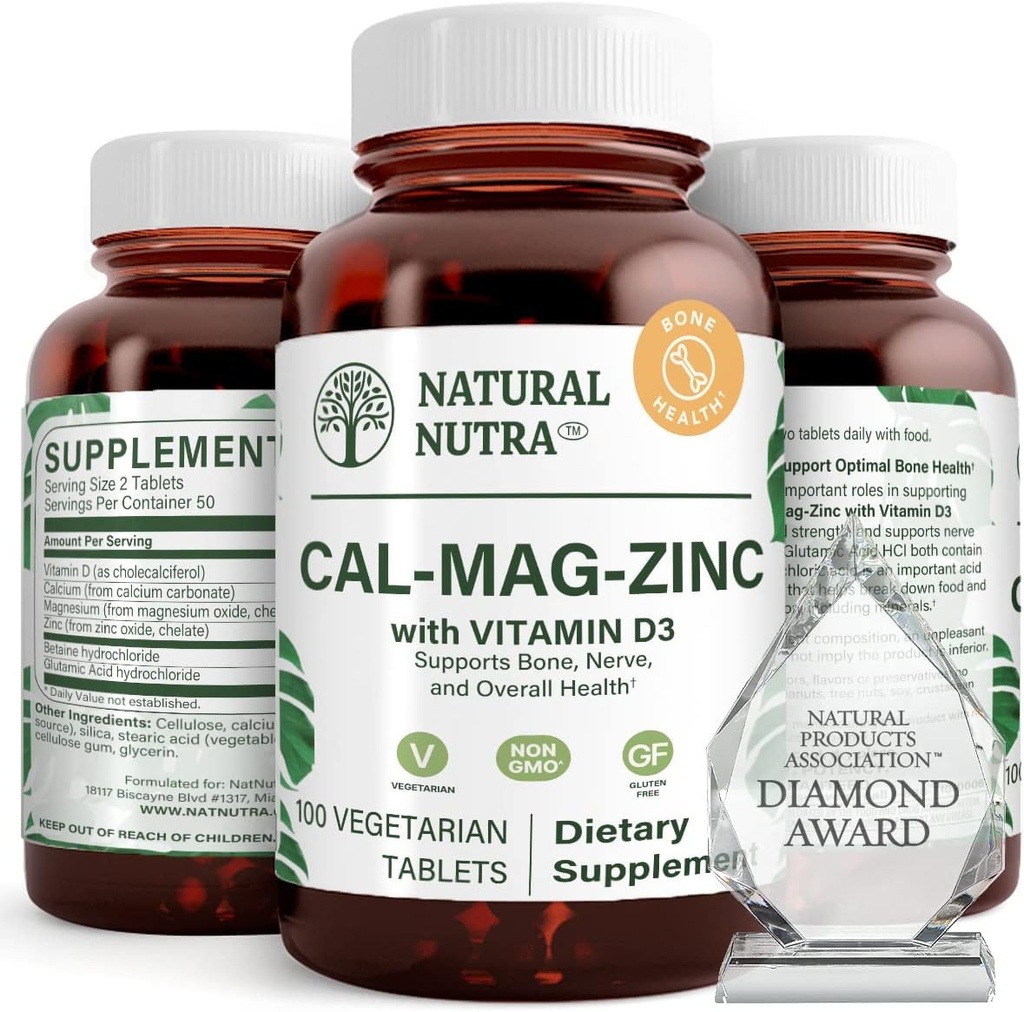 Natuurlijke Nutra Calcium Magnesium Zink Supplement met vitamine D3 voor bot sterkte, helpt verbeteren spierkracht, gezondheid Glutenvrij, en suikervrij, essentiële minerale complex 100 Tellen (pakket van 3)