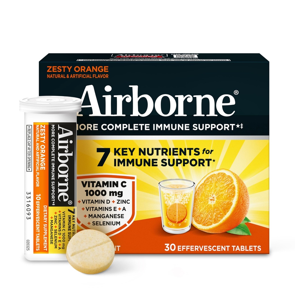 Airborne 1000mg Vitamine C + Zinksuiker Vrije Multivitamine Immuun Ondersteuning Bruisende Fizzy Drink Tabletten, Zesty Oranje Smaak met Krachtige Antioxidanten Vitaminen A C & E, 30 Tabletten
