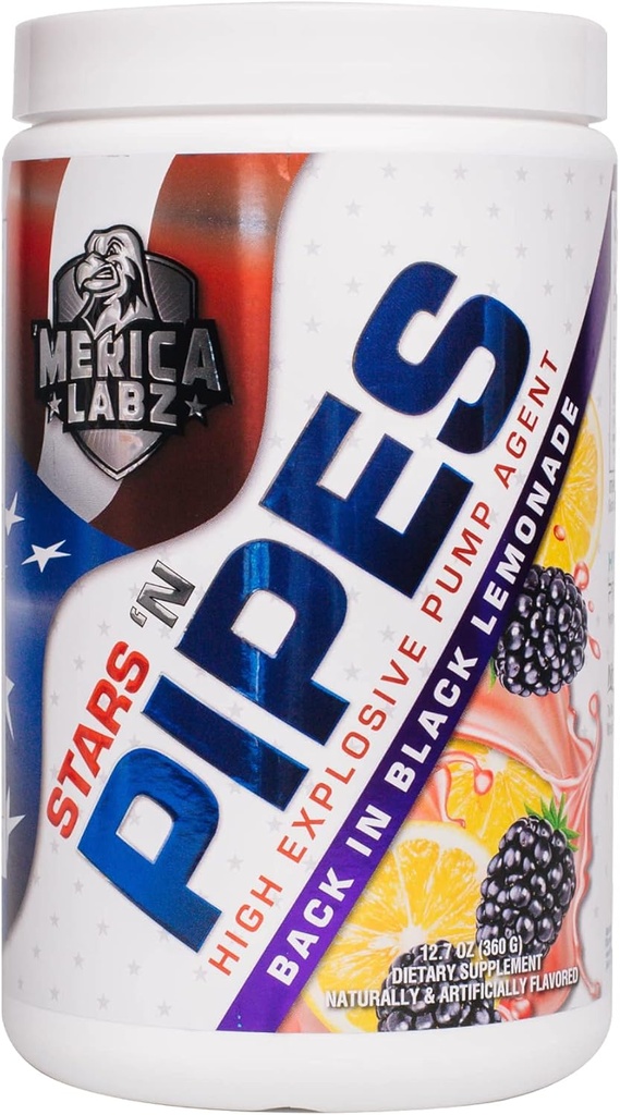 'Merica Labz Stars 'N Pipes High Explosive Pump Agent, Stimilant-Free, 6G of L-Citrulline, 20 Servings (Terug in Black Limonade)