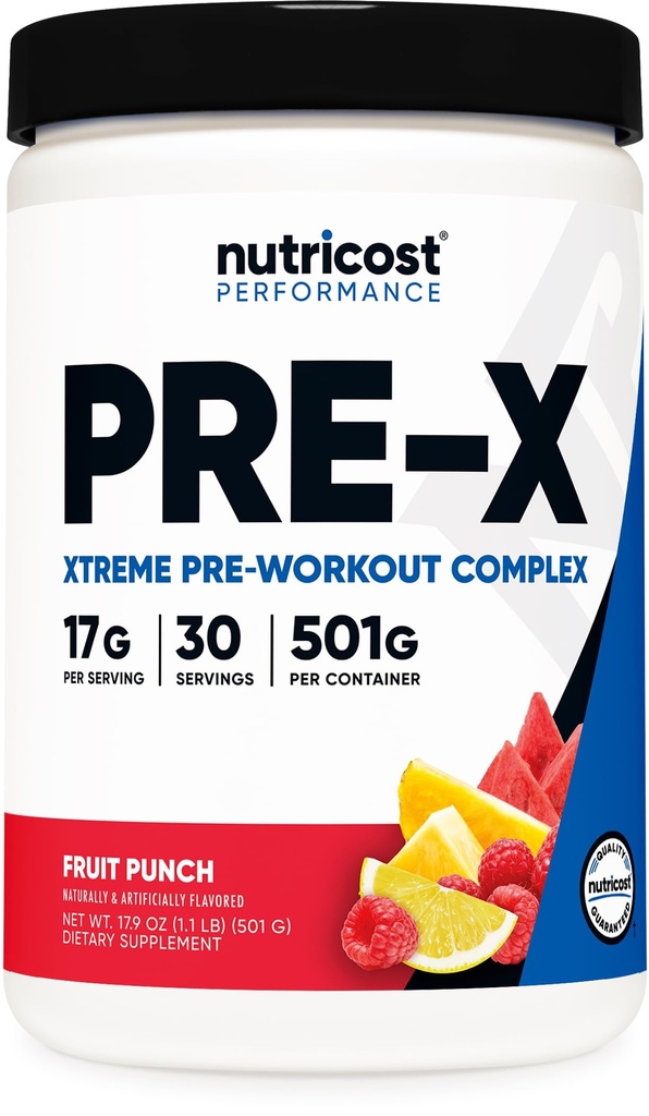 Nutricost Pre-X Xtreme Pre-Workout Complex Powder, Fruit Punch, 30 porties, Vegetarisch, Non-GMO en Glutenvrij
