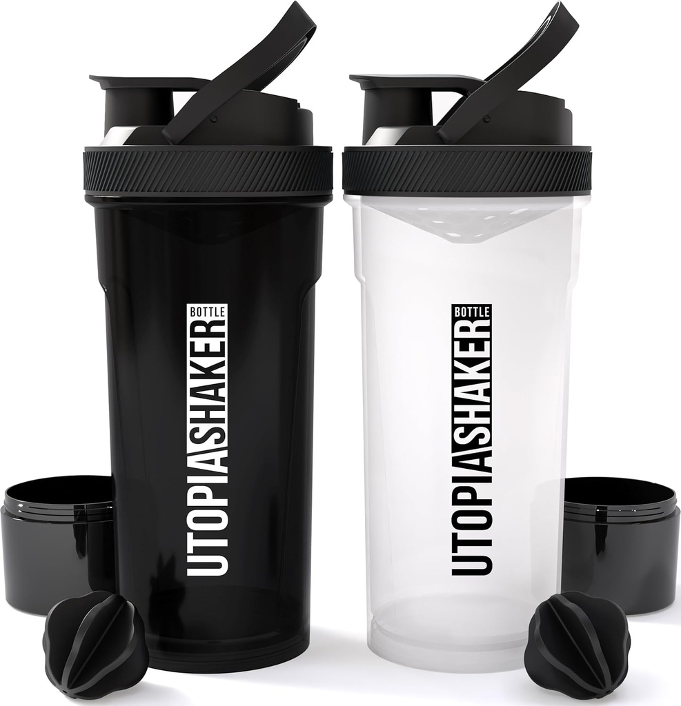 Utopia Home Shaker Bottle 2 Pack - 24 Ounce Plastic Protein of Cocktail Shaker Bottle for Pre & Post workout met Twist & Lock Protein Box Storage (All Black & Clear/Black)