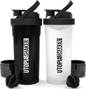 Utopia Home Shaker Bottle 2 Pack - 24 Ounce Plastic Protein of Cocktail Shaker Bottle for Pre & Post workout met Twist & Lock Protein Box Storage (All Black & Clear/Black)