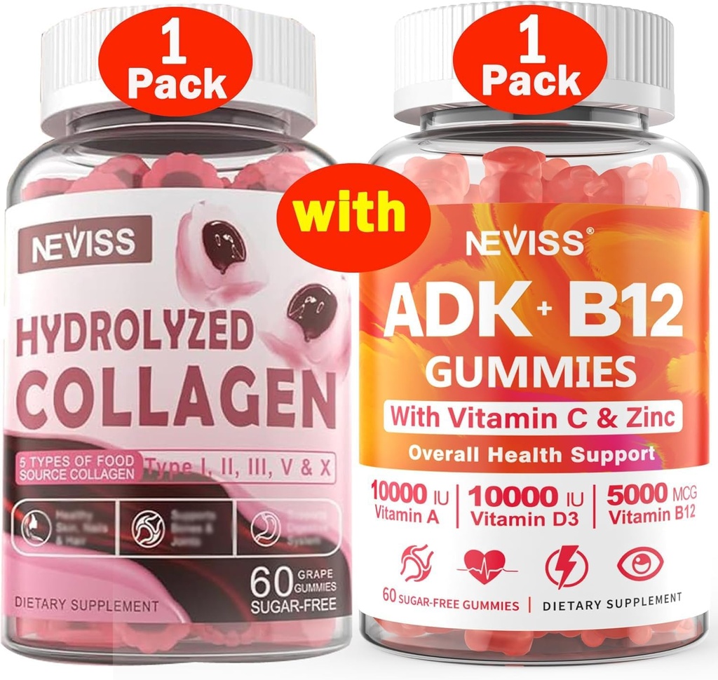 NEVISS 1Pack Gehydrolyseerde Collageen Gummies + 1Pack Vitamine ADK met B12 Gummies