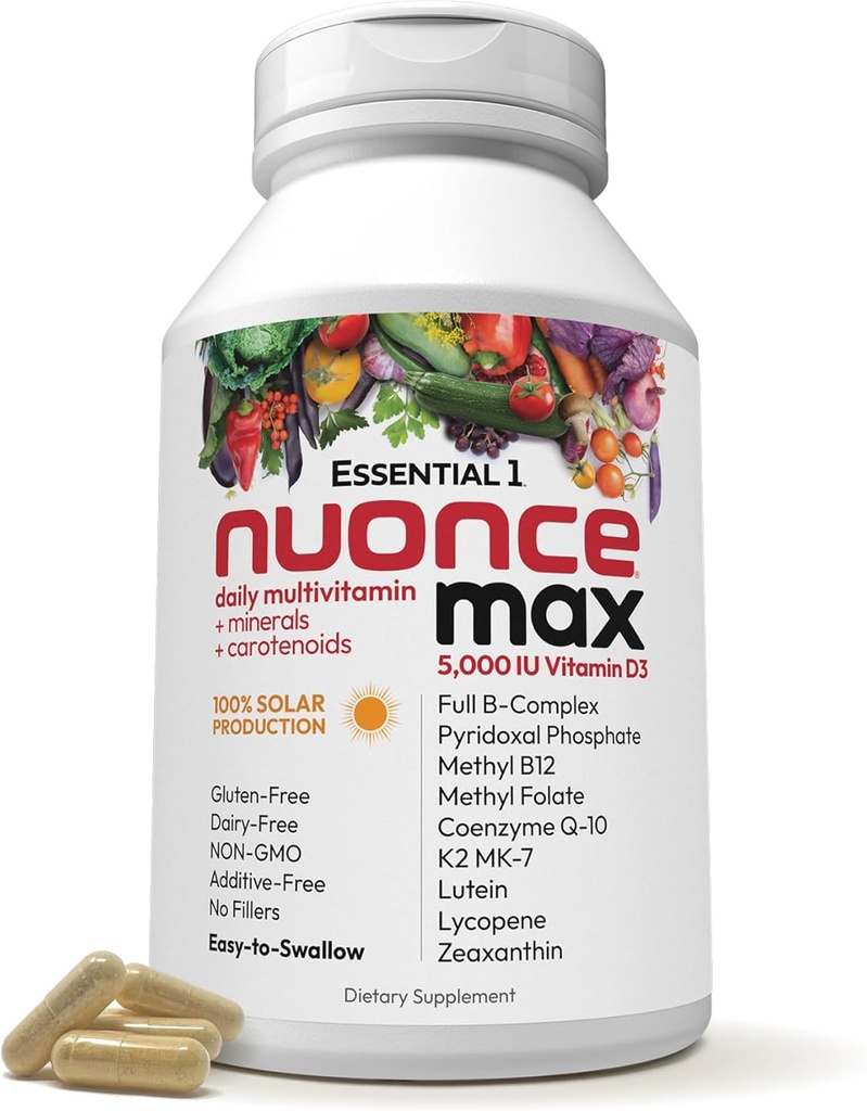ANDREW LESSMAN Essential-1 nuonce max Multivitamine 5000 IE Vitamine D3 180 Kleine Capsules. 100 mcg Methyl B12. CoQ10 Luteïne Lycopeen Zeaxanthine. Hoge Potentie. Geen additieven. Ultra-Mild One Dagelijkse Capsule