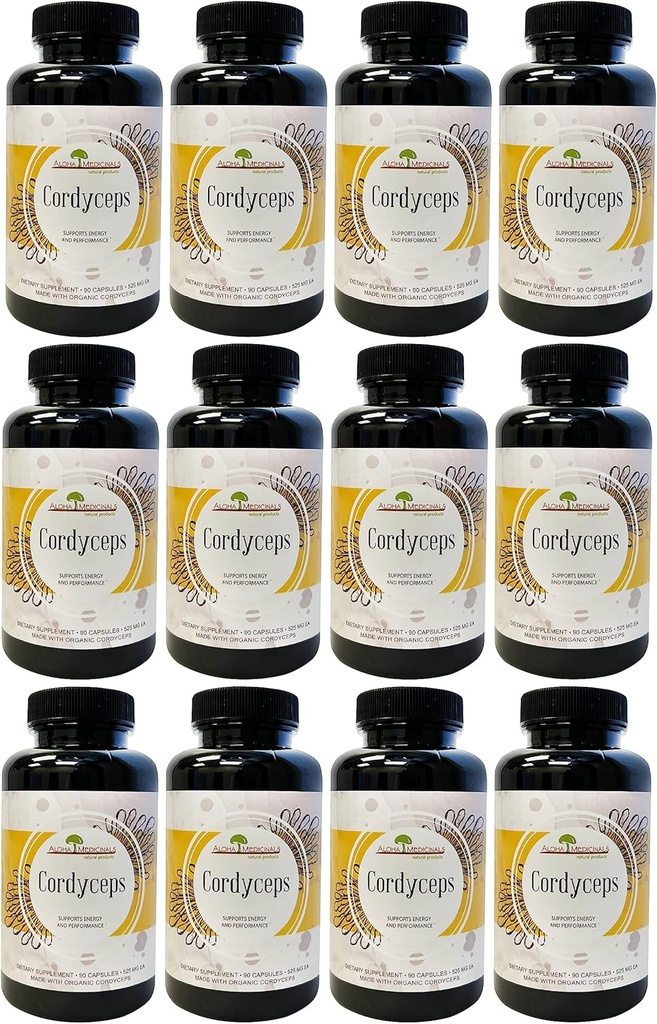 Aloha Medicinals Pure Cordyceps, Certified Organic Mushroom Supplement, Ondersteunt Immuniteit en Energie, Verpakking van 12, 90 Capsules Elk