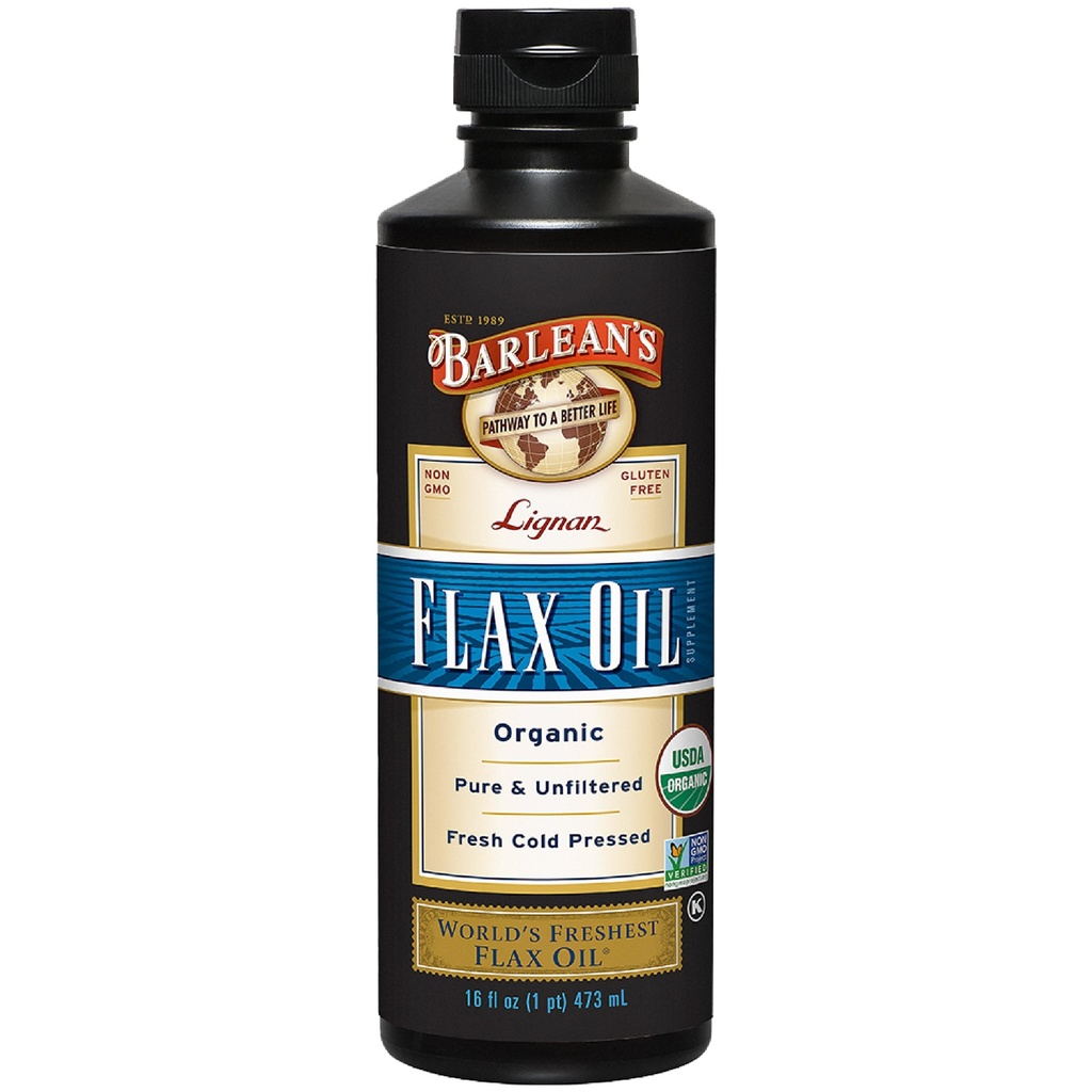 Barleans biologische Lignan Omega 3 Vlaszaad Olie Liquid Supplement voor mannen en vrouwen, koude pers Vlas Zaden, 7230mg ALA vetzuur, Veganistisch en Glutenvrij, 16 oz