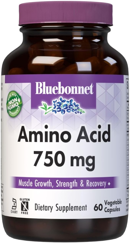 Bluebonnet Nutrition Amino Acid 750mg, High Potency, for Muscle Health*, Soy-Free, Gluten-Free, Non-GMO, Kosher Dairy, White 60 Vegetable Capsules, 15 Servings