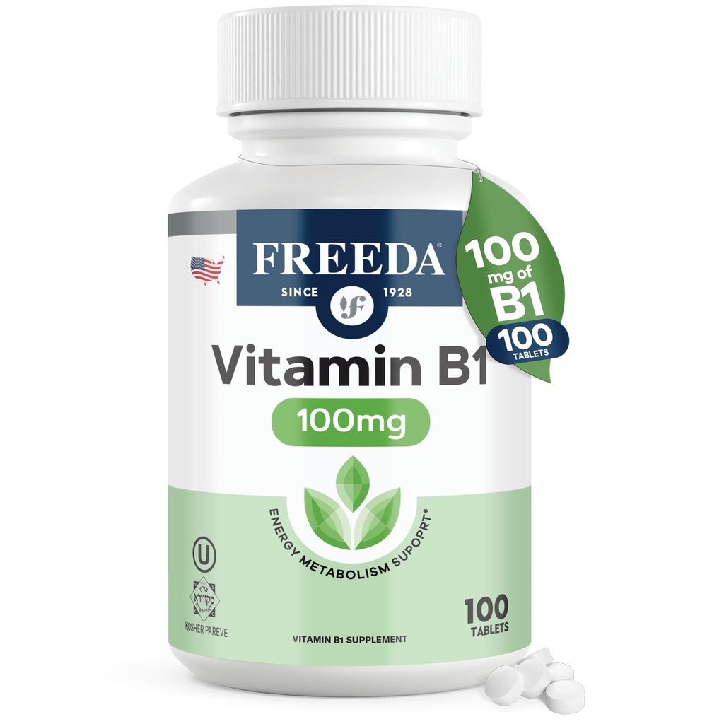 Freeda Vitamine B1 Thiamine 100mg - Ondersteunt Energie Metabolisme, Zenuwstelsel Gezondheid - Kosher, Vegan, Glutenvrij - Thiamine HCl 100 mg Vitamine B 1 - Pure Vit B1 Vitamine Thiamine B1 Supplement (100 Ct)