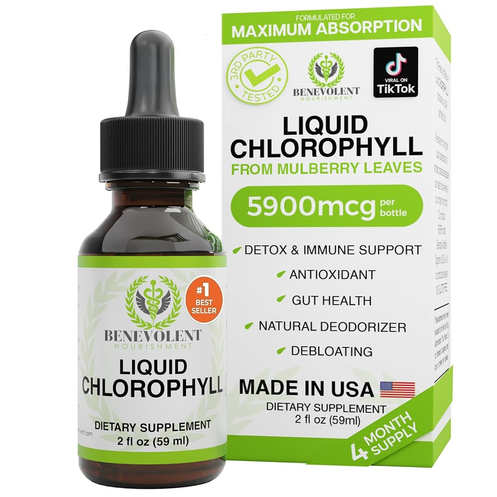 Benevolent Chlorofyl Liquid Drops, Detox & Immune Support, Internal Deodorizer & Skin Health Supplement, Non-GMO, 4 maand aanbod, natuurlijke munt smaak