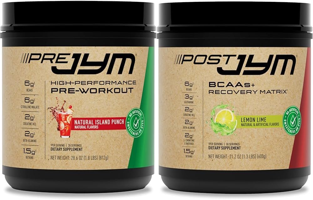 JYM Pre Workout, Post Workout, en BCAA Muscle Building Supplementen bundel met Pre JYM Powder, Post JYM Active Matrix, 30 Servers Elk