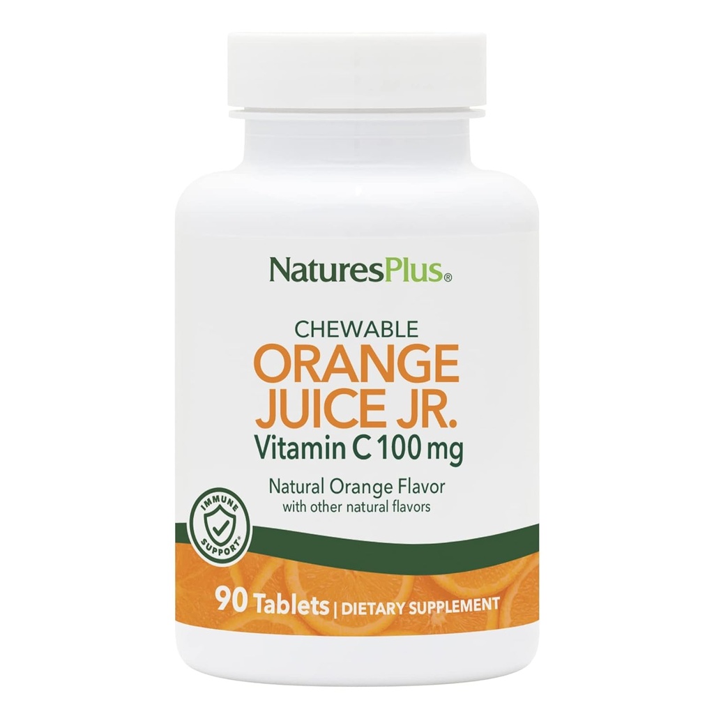 NaturesPlus Orange Juice Junior kauwbare vitamine C - 100 mg, 90 Vegetarische tabletten - Immuun Support Supplement, Antioxidant - Voorzichtig op de maag - Glutenvrije - 90 porties