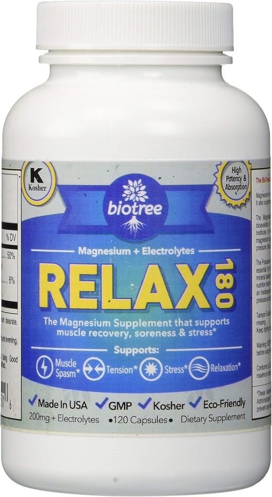 BioTree Labs Relax 180 - Pack of 120, Magnesium & Kalium Supplement with Electrolytes 