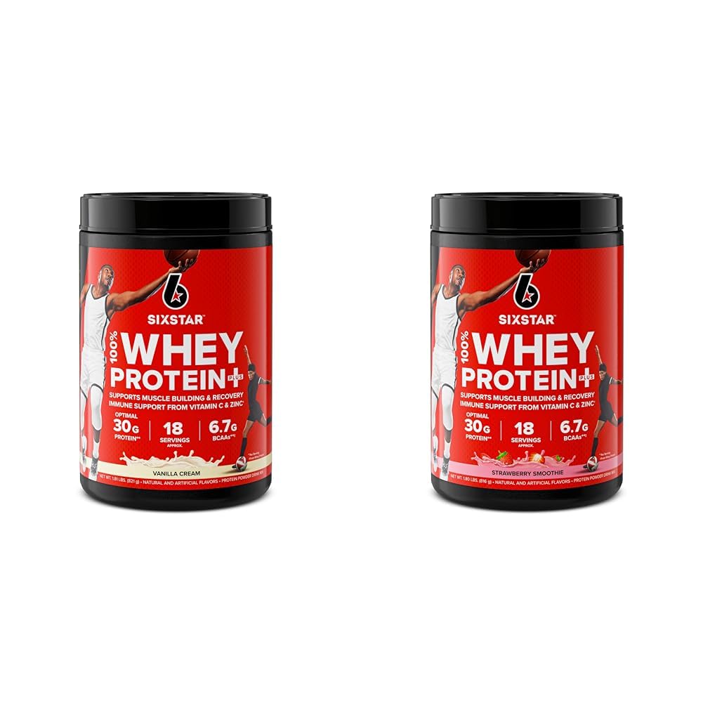 Six Star Elite Series 100% Wei Proteïne Plus Vanille Cream 1,8lbs US & Elite Series 100% Wei Proteïne Plus Aardbei Smoothie 1,8lbs US