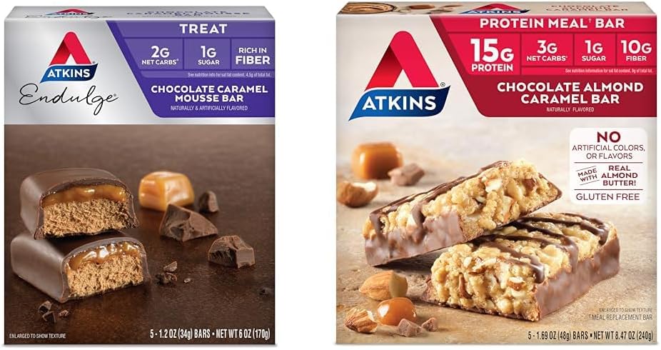 Atkins Endulge Chocolate Caramel Mousse Bar, Dessert Favoriet, 1g Suiker, Hoog in vezels, 5 Tellen & Chocolate Amandelkaramel Bar, Keto-Vriendelijk, Glutenvrij met echte amandelboter, 5 Tellen (Pack of 1)