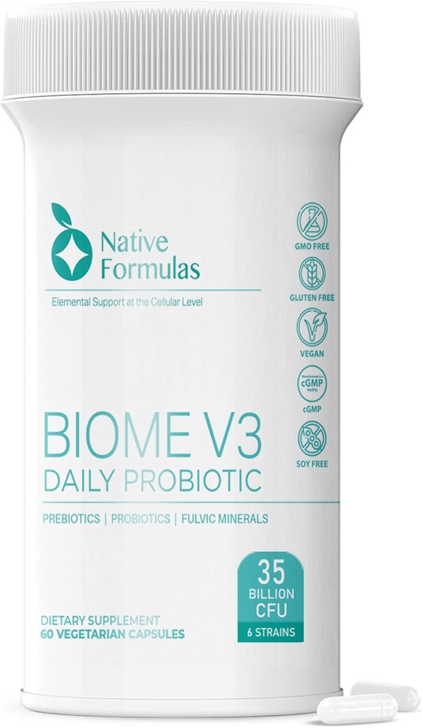 Native Formulas Biome V3 Probiotic, Prebiotic, & Fulvic Minerals Supplements - 35 Miljard CFU - 6 Strains - 60 Vegan Capsules - Women & Men - FODMAP Vriendelijk - Ondersteunt Digestieve, Immune & Gut Health