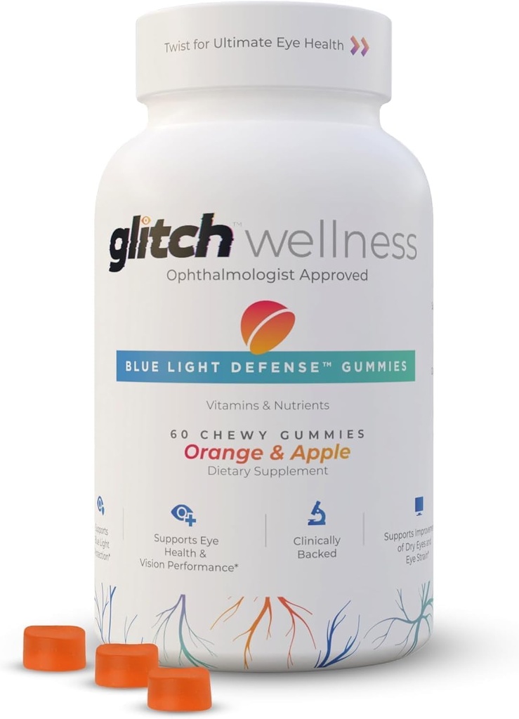 Glitch Gummies voor droge ogen Blauw licht verdediging Vegan, Sugar Free Zeaxanthine en Lutein Gummies voor ogen Supplement voor volwassenen en senioren (60 Telling - 1 Fles)