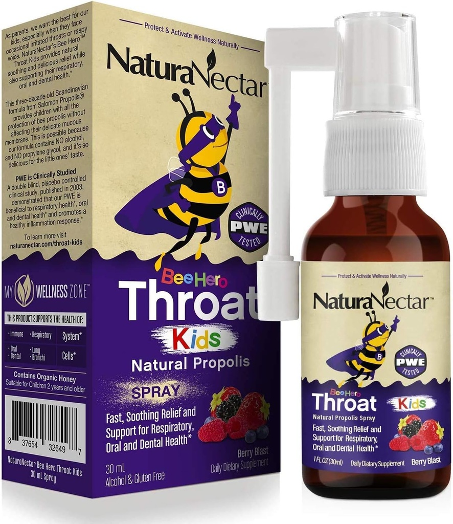 NaturaNectar - BeeHero Brazilian Bee Propolis Throat Spray - Throat Relief for Kids - for Comfort and Protection - Exclusive Berry Blast Flavor (1 Pack, 1 Fl Oz)
