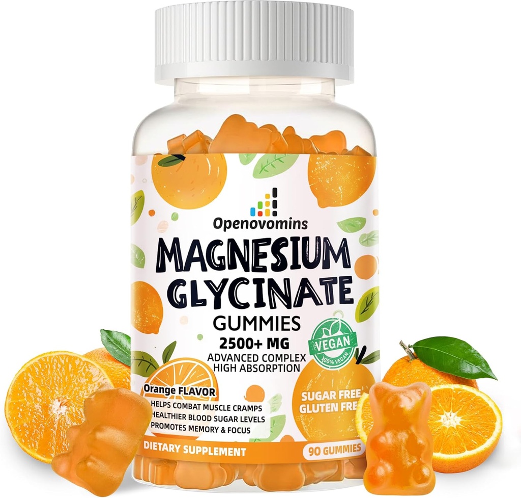 Magnesium Glycinate Gummies- Suikervrij Magnesium Kaliumsupplement met Vitamine D, B6, CoQ10 voor Kalm Mood & Slaap Ondersteuning - 90 Oranje Gummies