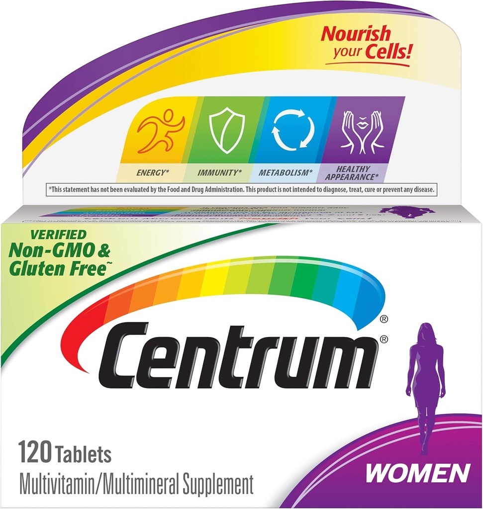 Centrum Multivitamine Tablet voor Vrouwen, Multivitamine/Multimineral Supplement met IJzer, Vitamine D3, B Vitaminen en Antioxidant Vitaminen C en E, Glutenvrij, Niet-GMO Ingrediënten - 120 Tel.