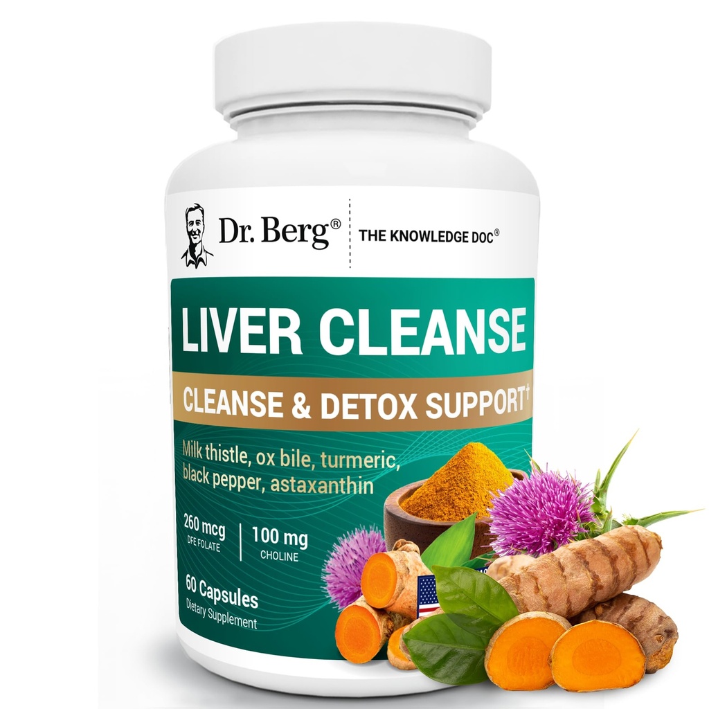 Dr. Berg Liver Cleanse Detox Capsules w/Unieke Blend of Milk Thistle, Ox Bile & Folate - Lever Supplement Inclusief Kurkuma, Black Pepper & Choline - 60 capsules