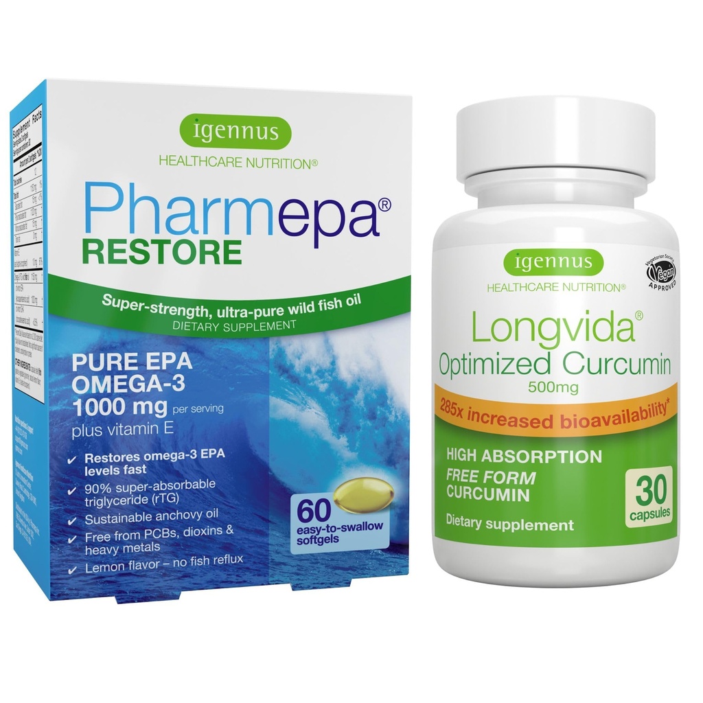 Pharmepa Restore & Longvida Lipidated Curcumin 500mg Bundle, 1000mg Pure EPA Omega-3 Visolie & Ultra Biobeschikbaarheid Curcumin, door Igennus