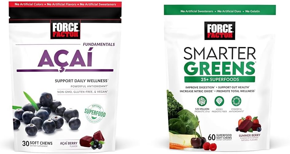 Force Factor Acai Zachte Kauwen Immune Ondersteuning en slimmere Groenen Superfood Kauwen Digestie Ondersteuning Bundel, 30 en 60 Tellen