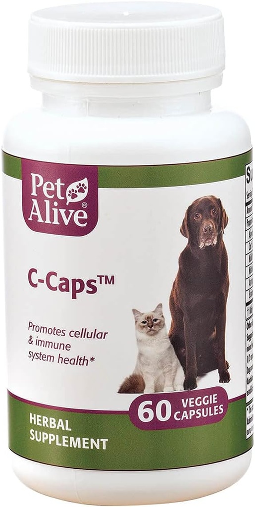 PetAlive C-Caps - Alle natuurlijke kruidensupplement bevordert Cellulair en immuunsysteem Gezondheid bij honden en katten - 60 Veggie Caps