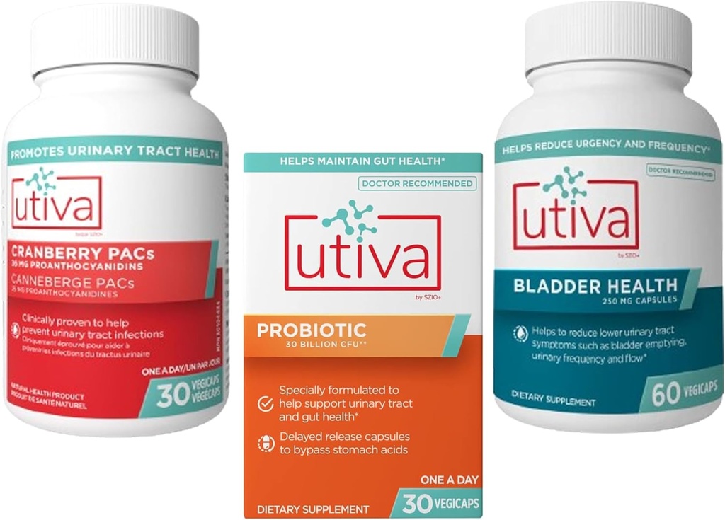 15% Bundle Utiva Cranberry PACs Supplement voor Urinaire Tract Health 30 Vegi Capsule + Utiva Probiotic for Gut and Urinary Tract Health 30 Delayed Release Vegi Capsule + Utiva Bladder Health 60 Capsule