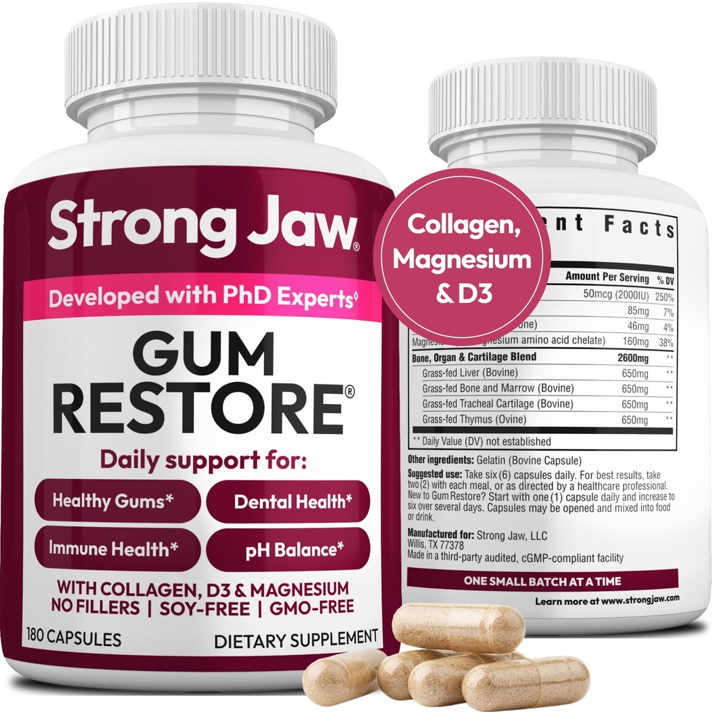 Gum Restore - Gum Care + Tanden Vitaminen - Gum Gezondheid en Orale Gezondheid - Ondersteunt Afwijkende Gums & Gum Care - Dental Vitaminen voor Volwassenen 180 Capsules, Non-GMO Gum Health Supplementen