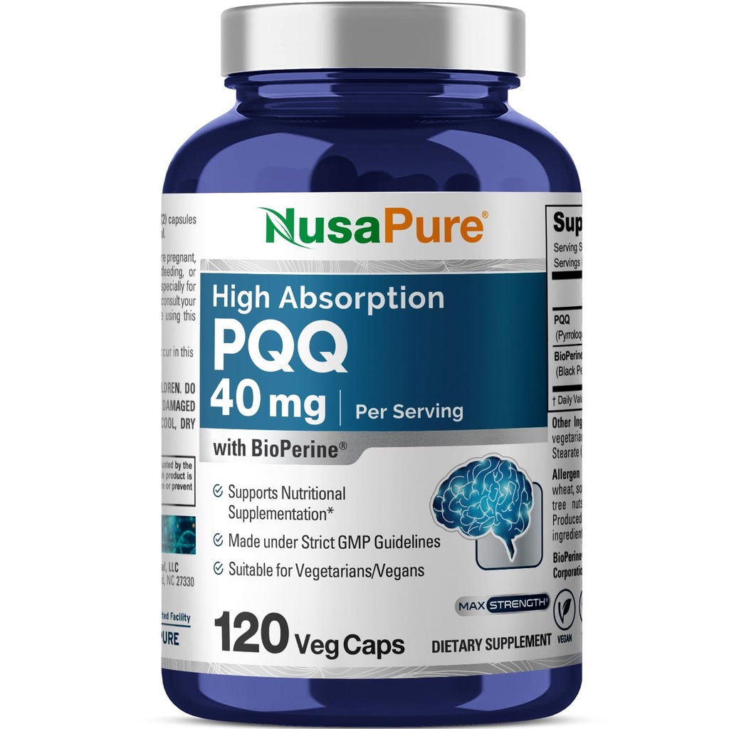 NusaPure PQQ Supplement 40 mg, 120 Veggie Capsules, Non-GMO, Pyrrolochinoline Quinone Dinatriumzout, Bioperine