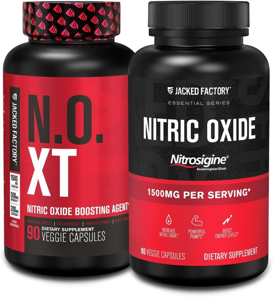 Jacked Factory N.O. XT Nitric Oxide Supplement (90 Capsules) & Nitrosigine L-Arginine Nitric Oxide Booster (90 Capsules) for Muscle Growth, Pumps, Vascularity & Energy