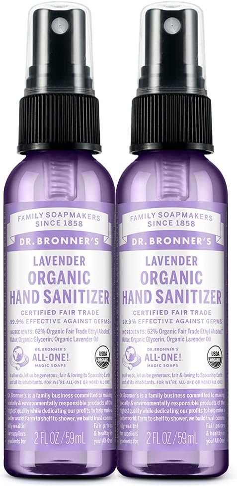 Dr. Bronner's - Organic Hand Sanitizer Spray (Lavendel, 2 Ounce, 2-Pack) - Eenvoudige en effectieve formule, reiniging & Sanitizes, Geen harde chemicaliën, vocht en schoonmaakt handen