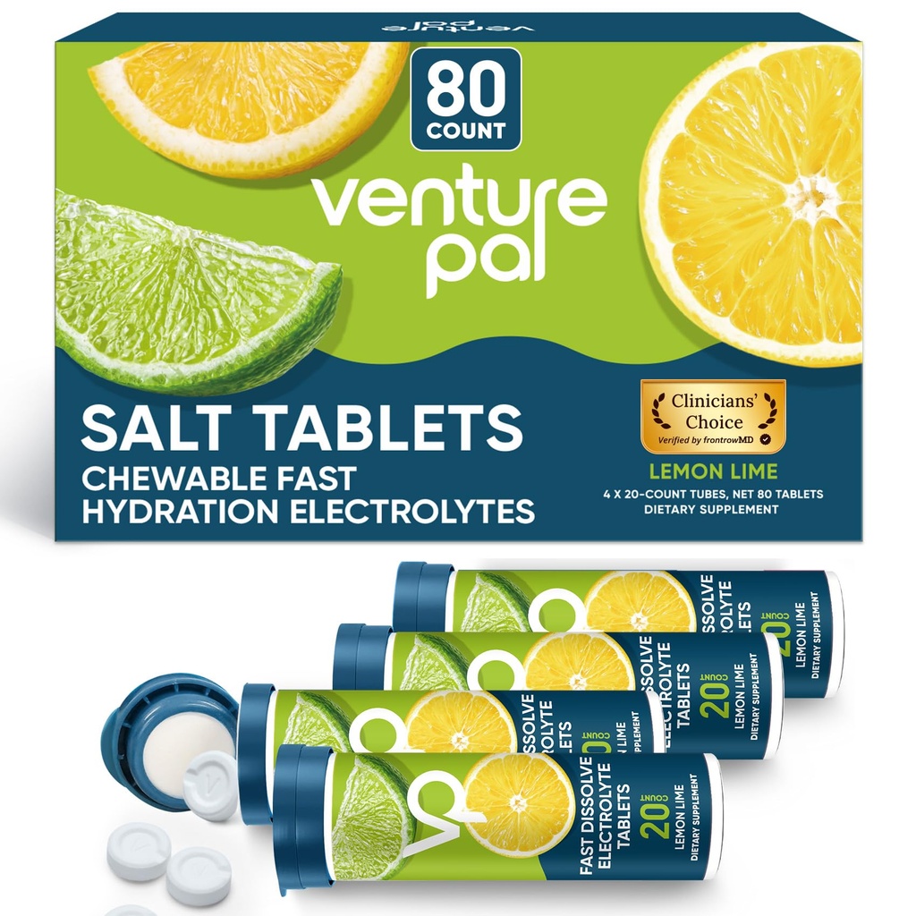 Venture Pal Chewable Electrolyte Tablets, 80 Tel snel oplossen Sugar-Free Stick Salt Tablets - Variety Pack voor snelle hydratatie, Outdoor hardlopen, wandelen, Sporten 
