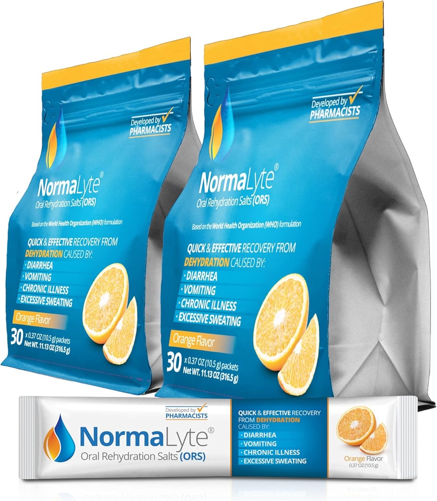 NormaLyte Oral Rehydratation Salts-2 Zakjes - 60 Sticks (Yields 500ml per Pack)-Oranje Energiesupplementen, Kaliumsupplement, Dehydratatie Herstel en Snelle Absorptie