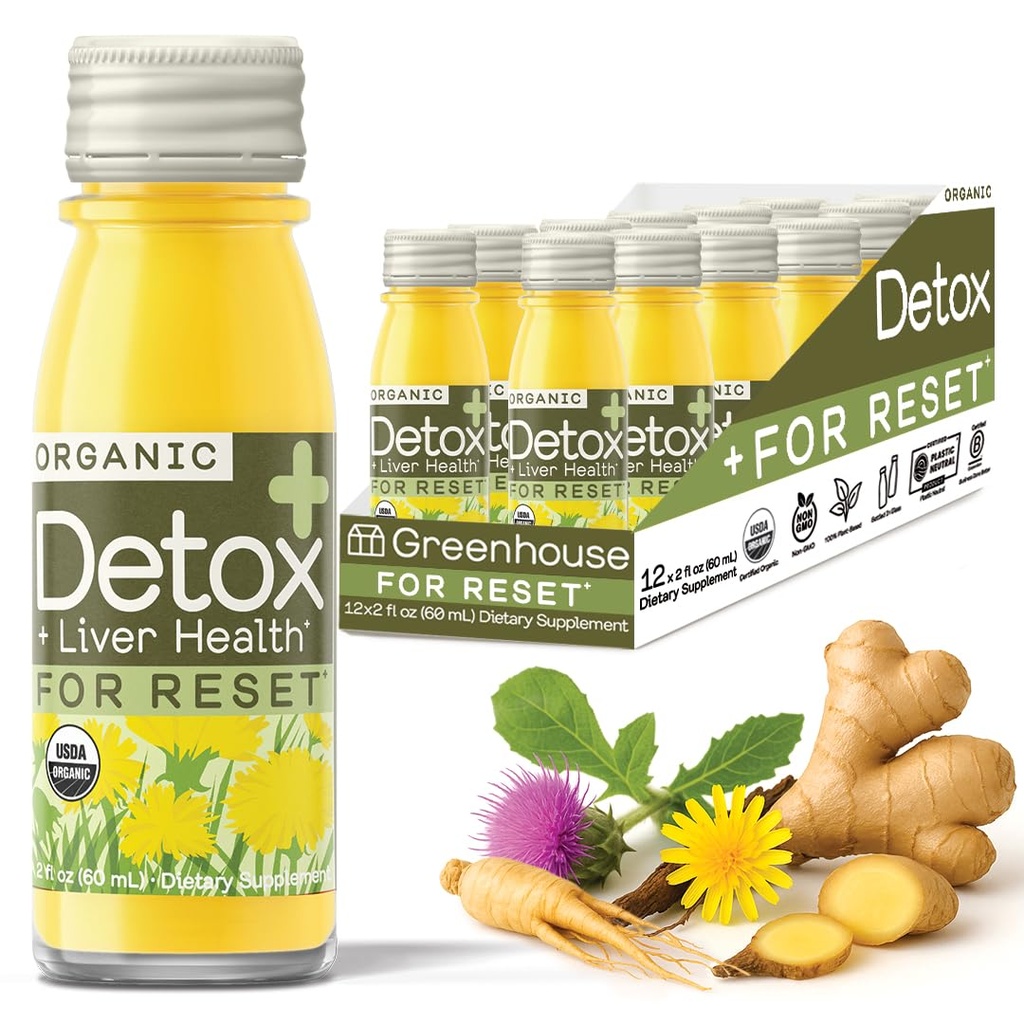 Greenhouse Juice Detox Wellness Shots Biologische Immunity Shots Juice Liver Health Wellness + Anti-Inflammatory met Ginseng, Milk Thistle en Dandelion Vegan & Gluten-Free (2 Oz, Pack van 12)