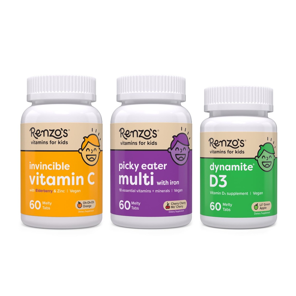 Renzo's Vitaminen Immuniteit Builder Bundle - Vitamine C met Vlierbes & Zink voor Immune Ondersteuning, Picky Eater Kids Multivitamine, en Vitamine D3